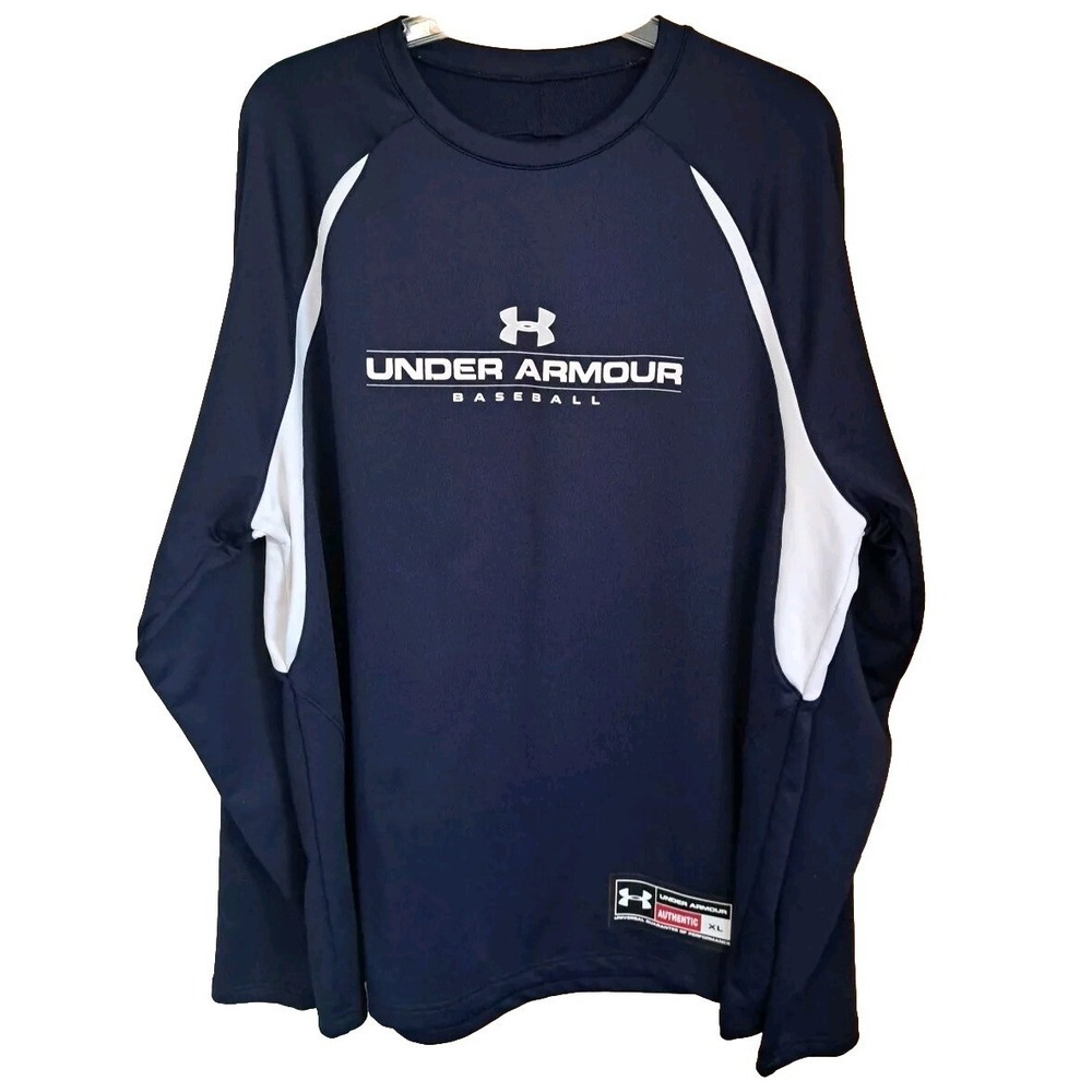 Under Armour Baseball Shirt Men's XL Blue White Pullover Long Sleeve School Logo